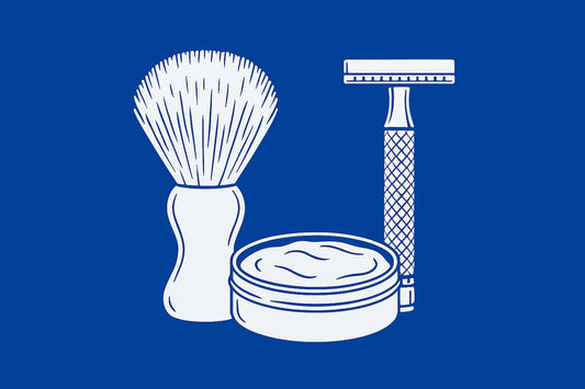 White line illustration of a traditional wet shaving kit featuring a Stuga shaving brush, safety razor, and shaving soap tin on a cobalt blue background