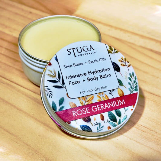 Image of Stuga's Intensive Hydration Face + Body Balm, an Australian handmade product, showcasing rich texture and sustainable design.