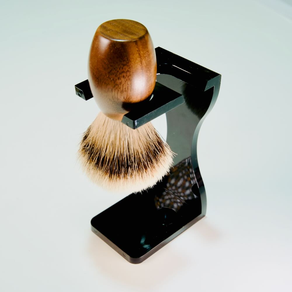 Image of Stuga's Acrylic Noir Grooming Shaving Kit Stand, a sleek, handcrafted, eco-friendly holder for brush, razor, and bowl.