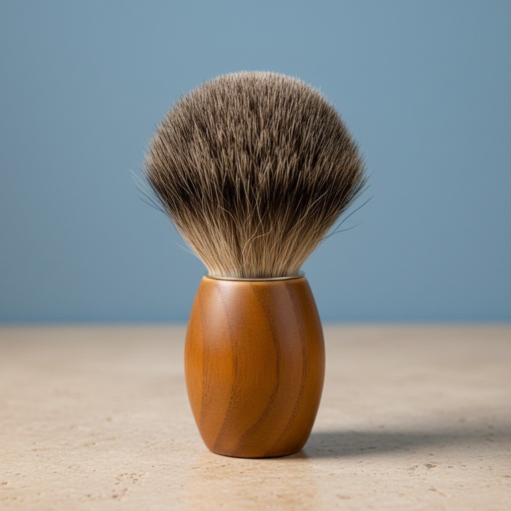 3rd grade badger bristle shaving brush with a smooth, light brown ash wood handle, standing upright.