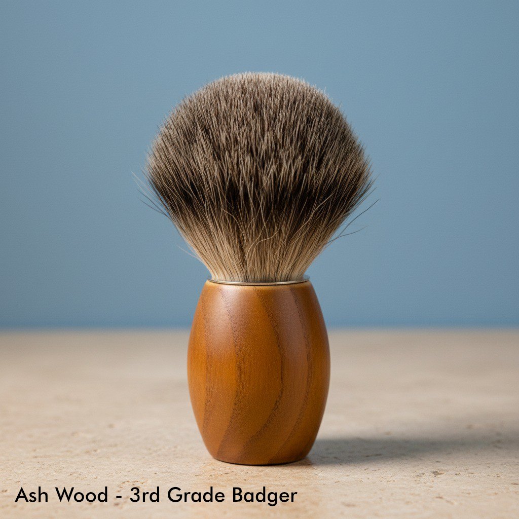 3rd grade badger bristle shaving brush with a smooth, light brown ash wood handle, standing upright.
