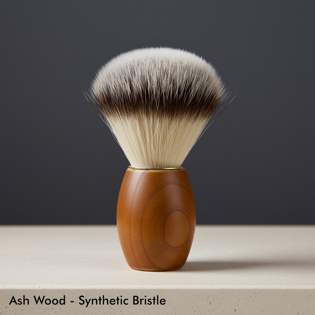 Close-up of a shaving brush with a smooth, light brown ash wood handle and soft, two-toned synthetic bristles, standing uprig