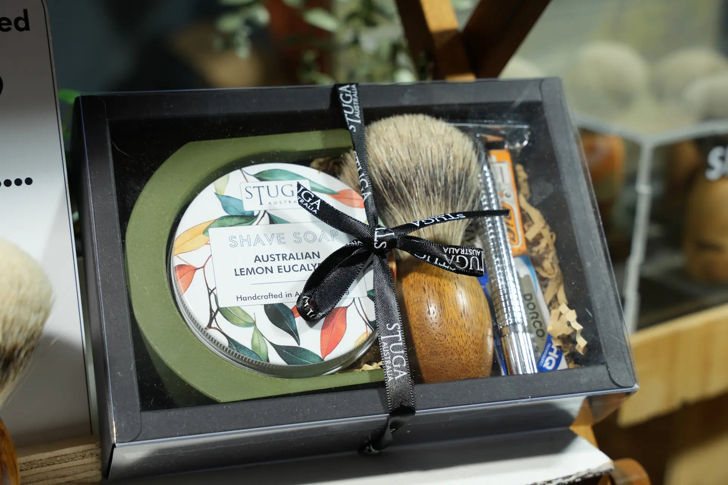 Australian lemon eucalyptus shave soap gift set with wooden handle shaving brush and razor in black box