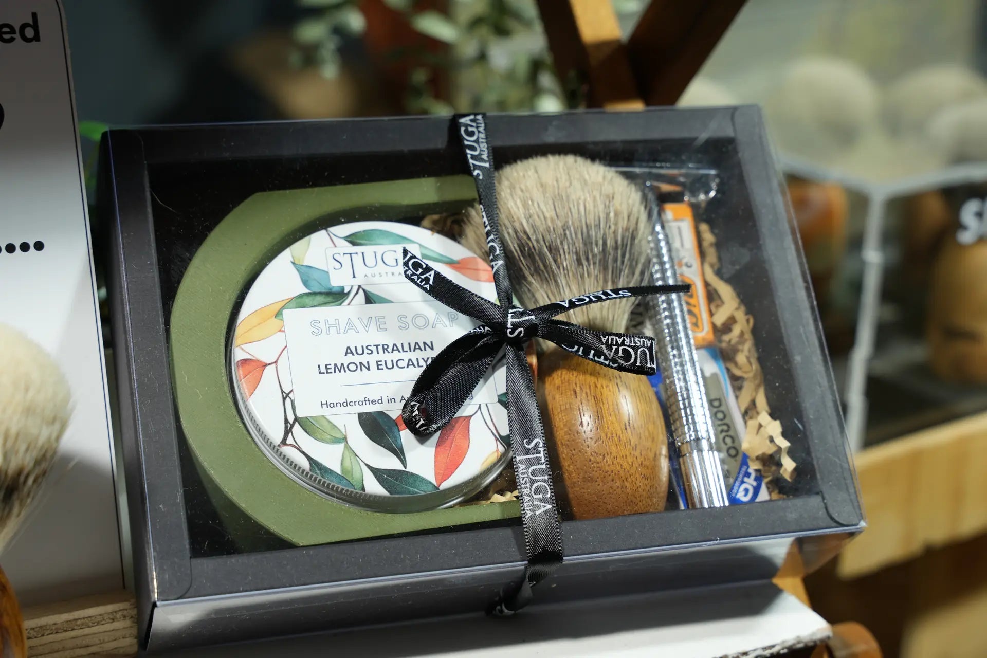 Australian lemon eucalyptus shave soap gift set with wooden handle shaving brush and razor in black box