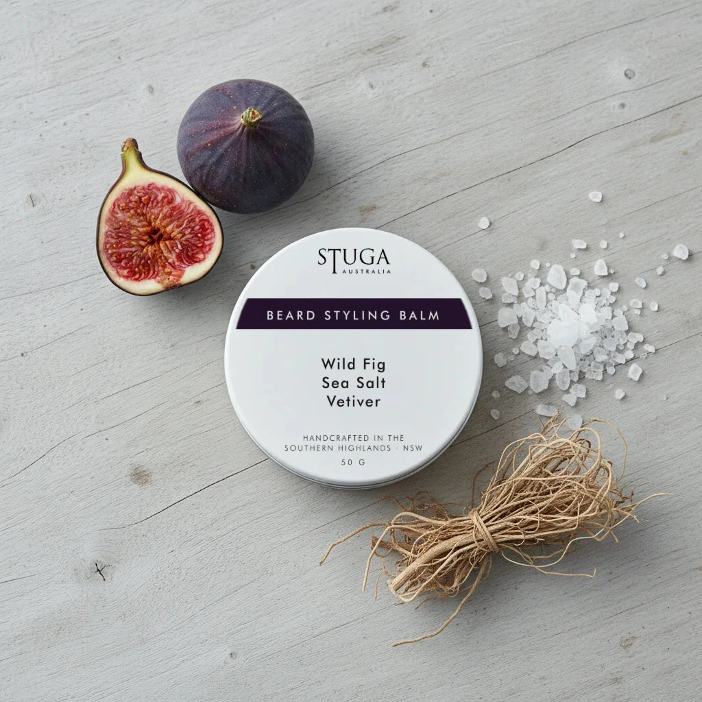 Stuga beard styling balm tin in Wild Fig Sea Salt Vetiver scent with figs and sea salt accents