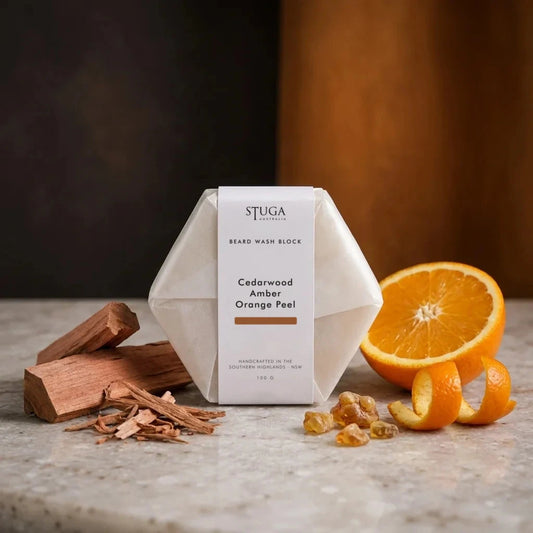Stuga Australia Beard Wash Block, natural shampoo bar scented with cedarwood, amber and orange peel, 100g, with cedarwood and fresh orange.