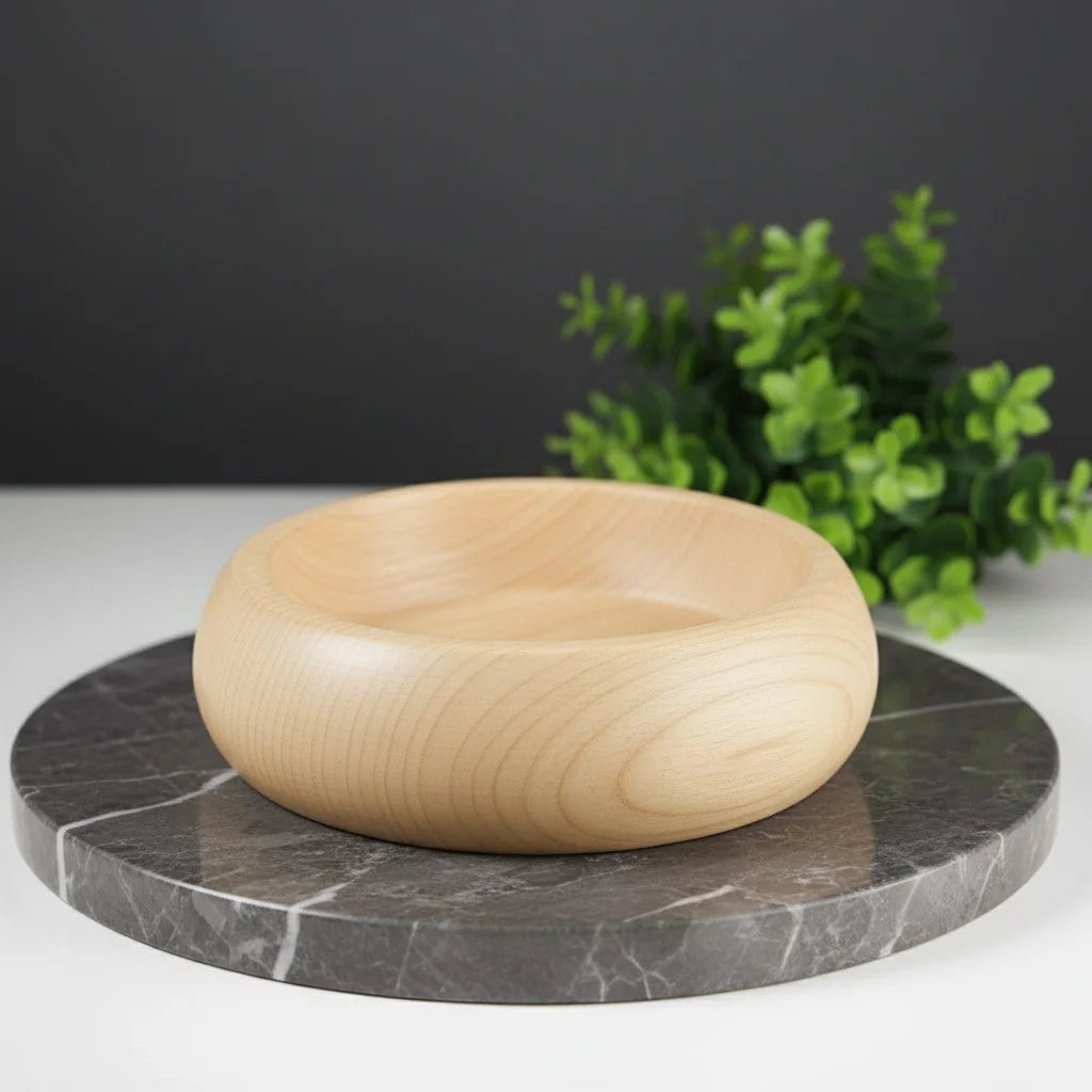 Smooth, light-colored beech wood shaving bowl with a wide, shallow basin, resting on a dark marble surface.