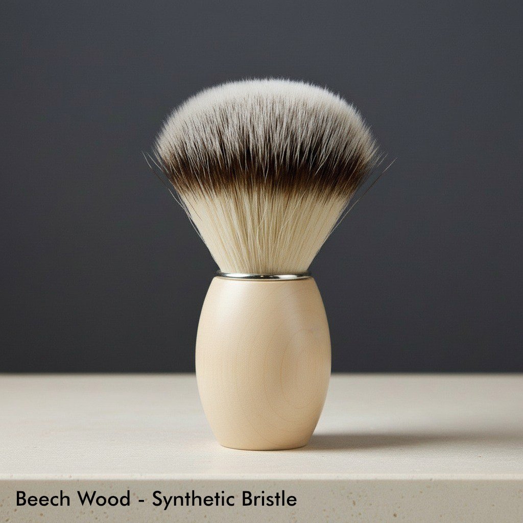 Beech wood shaving brush with synthetic bristles and a light wood handle, standing upright on a light surface.