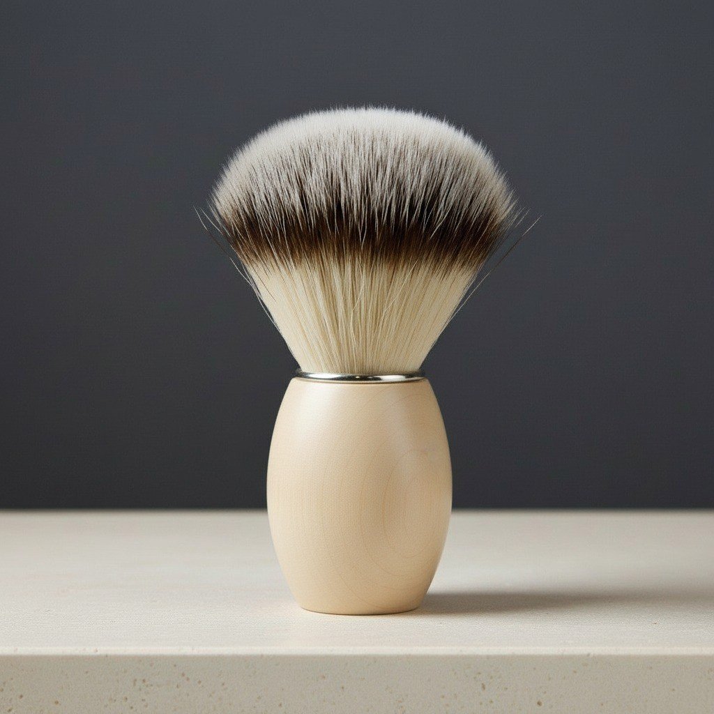 Close-up of a shaving brush with a light beech wood handle and soft, two-toned synthetic bristles, standing upright on a ligh
