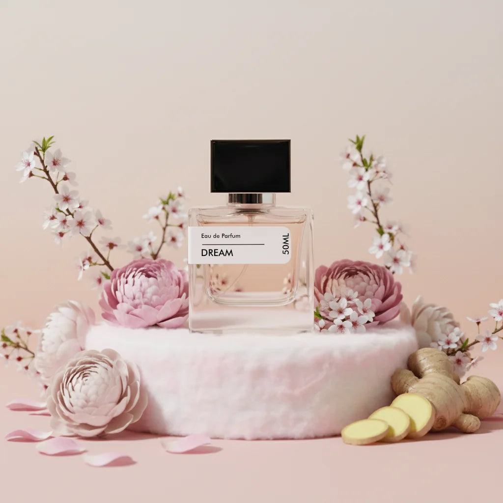 Dream Eau de Parfum 50ml bottle with black cap, surrounded by pink peonies, cherry blossoms, and fresh ginger on a white stan