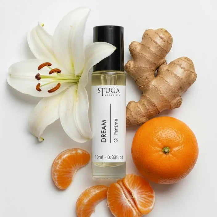 10ml Stuga Dream oil perfume with white lily flower, fresh ginger root, and whole and peeled mandarin orange
