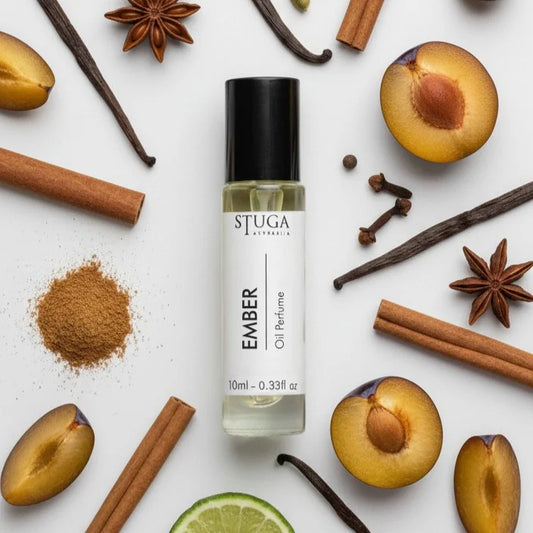 10ml Stuga Ember oil perfume with cinnamon, star anise, vanilla, cloves, plum, and lime ingredients