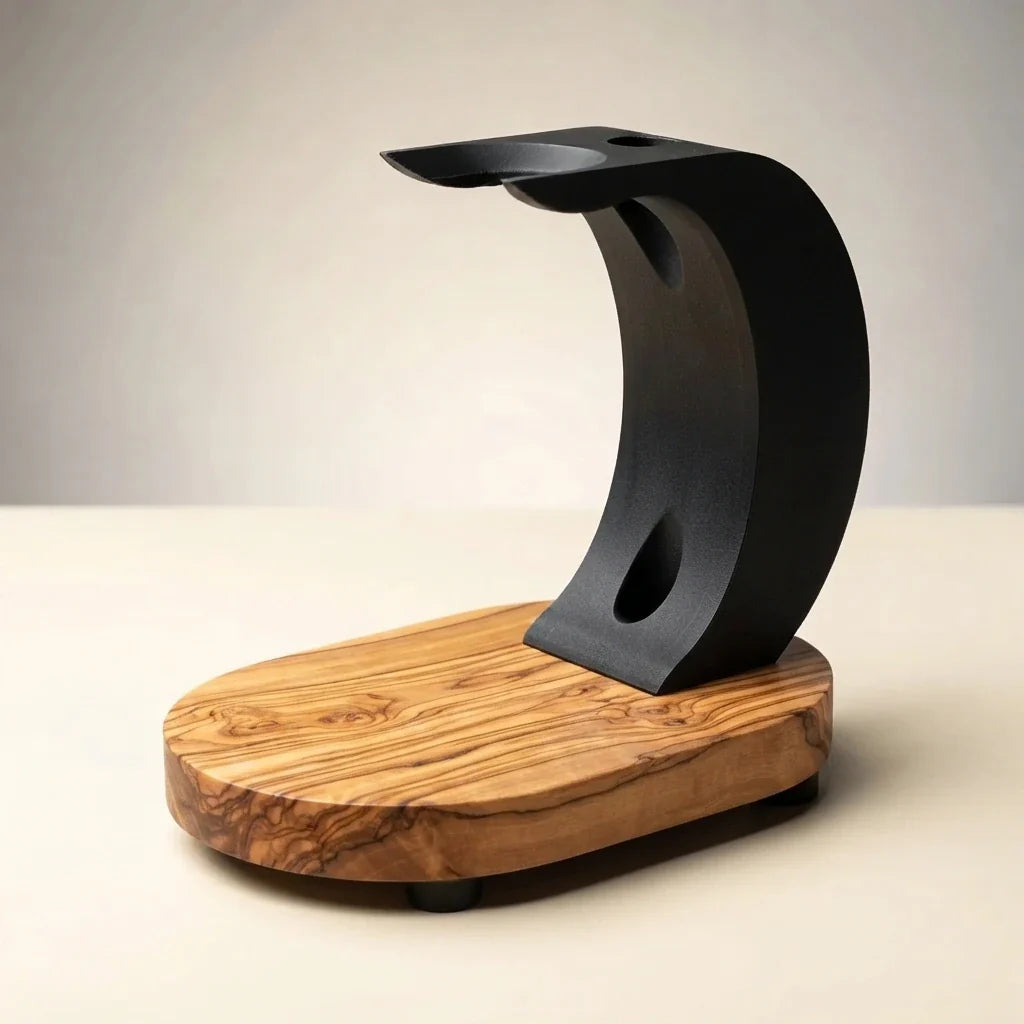 The Grand Wave wooden shaving brush and razor stand in olive wood with matte black wave and razor blade storage — handmade in Australia by Stuga
