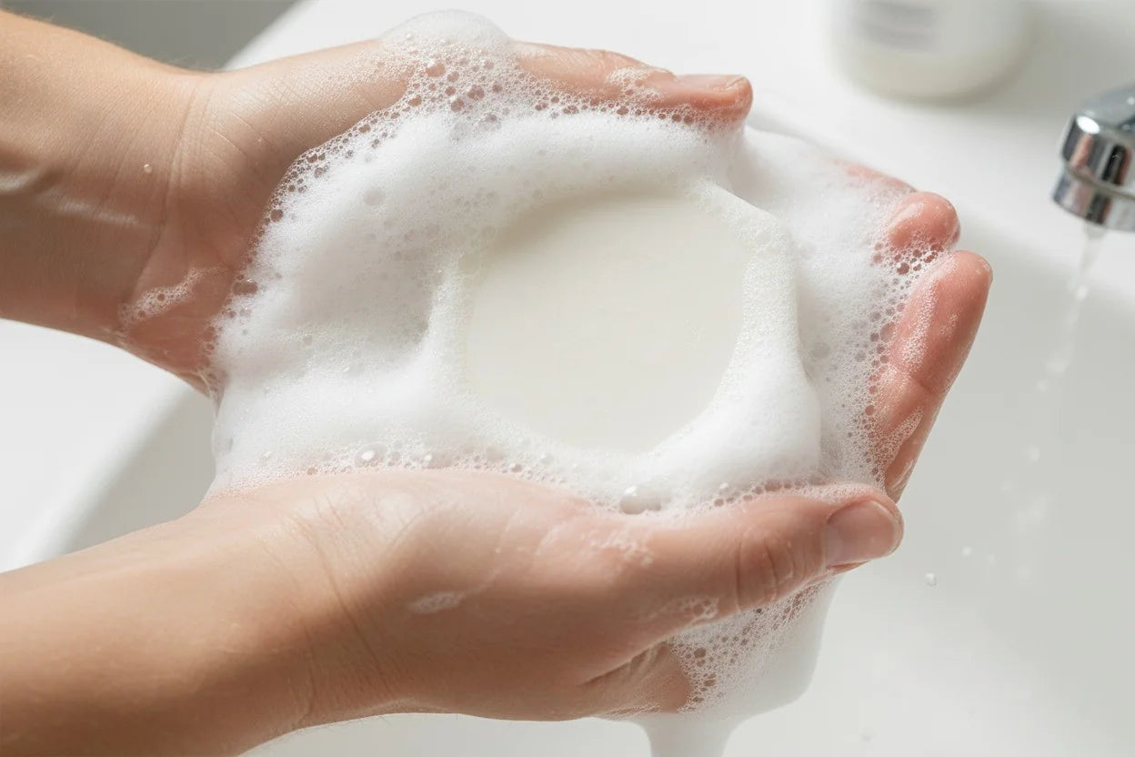 Close-up of hands vigorously washing with white soap lather, water running from a faucet in a white sink.