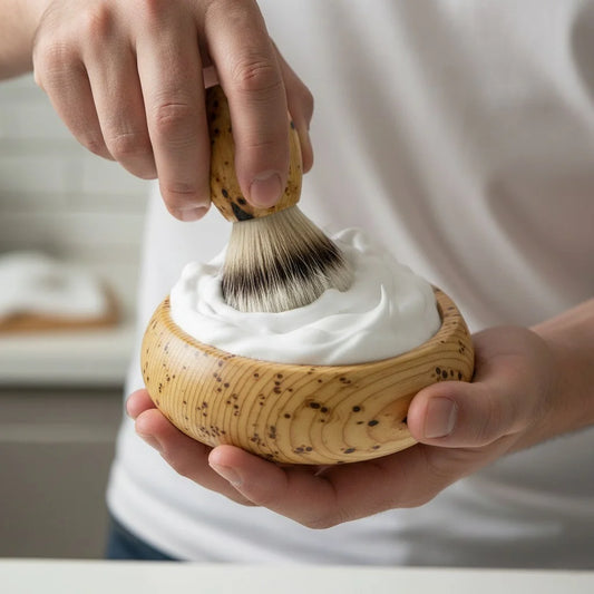 Hands holding a huon pine shaving bowl filled with white lather and a matching huon pine shaving brush.