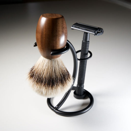 Handmade Black Arc Metal Shaving Stand by Stuga: sleek, matte finish, sustainable, holds razor and brush, elegant artisan design.