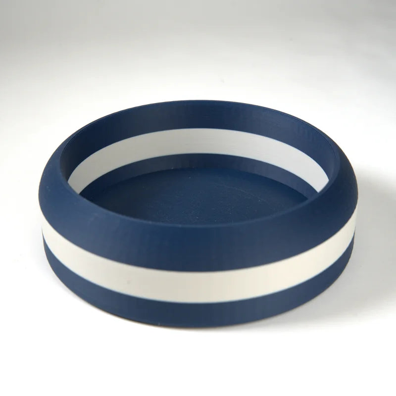 Navy blue silicone ring with a white stripe, flexible and durable for everyday wear