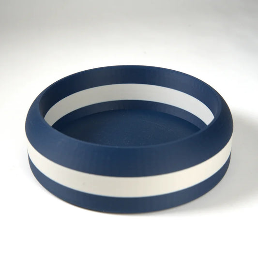 Navy blue silicone ring with a white stripe, flexible and durable for everyday wear