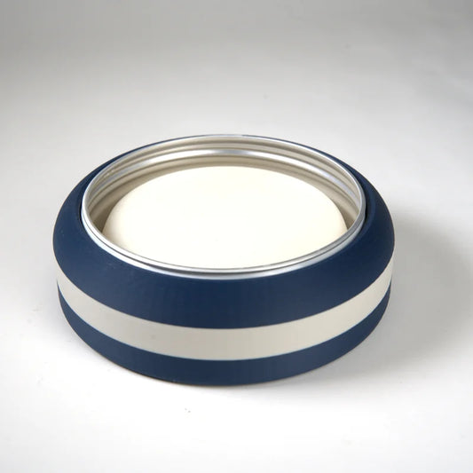 Navy blue and white striped stainless steel pet bowl with non-slip rubber base for feeding dogs or cats
