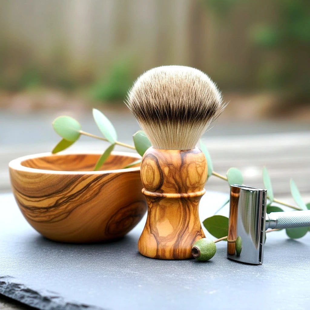 Luxurious olive wood shaving brush and bowl with a safety razor, perfect for a classic wet shave.