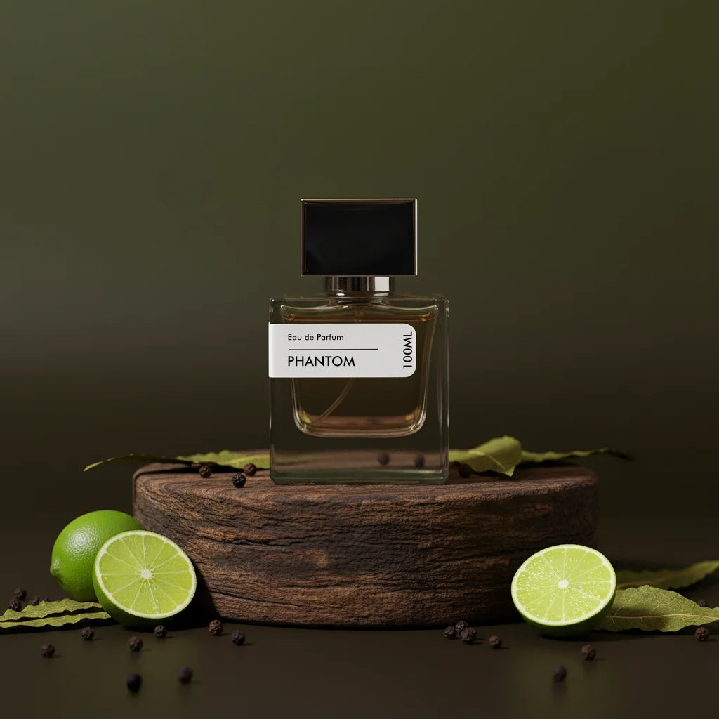 Phantom Eau de Parfum bottle with black cap, 100ml, on a rustic wooden stand with fresh green limes and peppercorns.