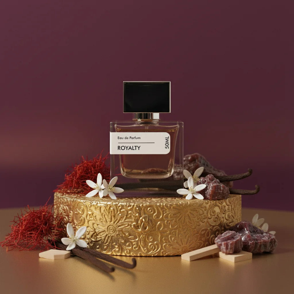 Royalty Eau de Parfum 50ml bottle on a gold stand with saffron, vanilla pods, and white flowers.