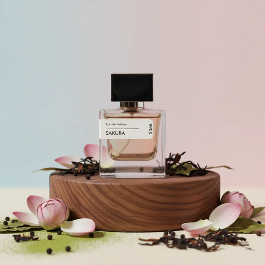 Sakura Eau de Parfum bottle with black cap on a wooden stand, surrounded by pink lotus petals and dried tea leaves.