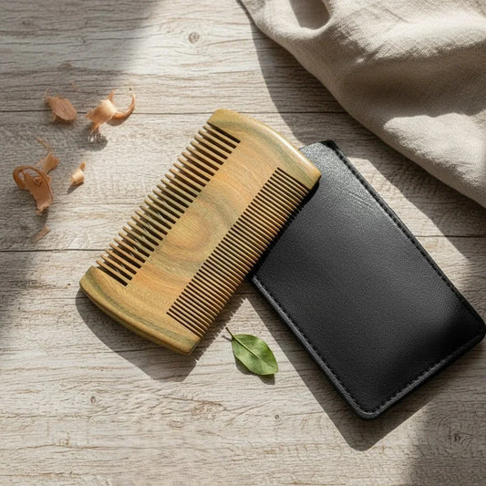 Natural green sandalwood beard comb with fine and coarse teeth, resting on a black PU leather case on a wooden surface.