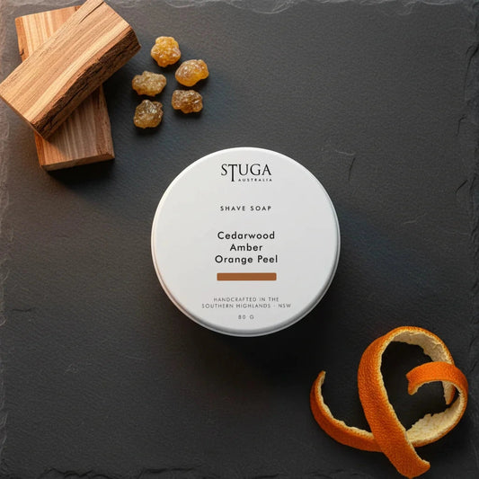 Stuga Australia shave soap tin in cedarwood, amber, and orange peel scent, 80g handcrafted in Southern Highlands NSW