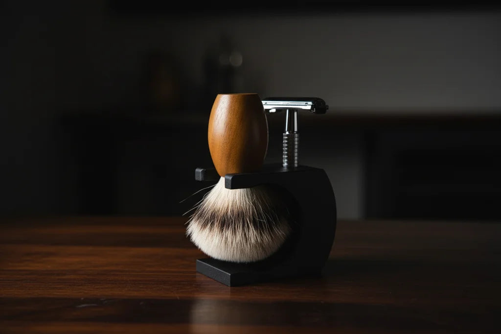 Shaving brush and razor on a wooden surface with a dark background