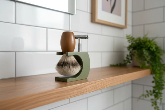 Shaving brush with wooden handle and black bristles on a green stand in a bathroom setting.