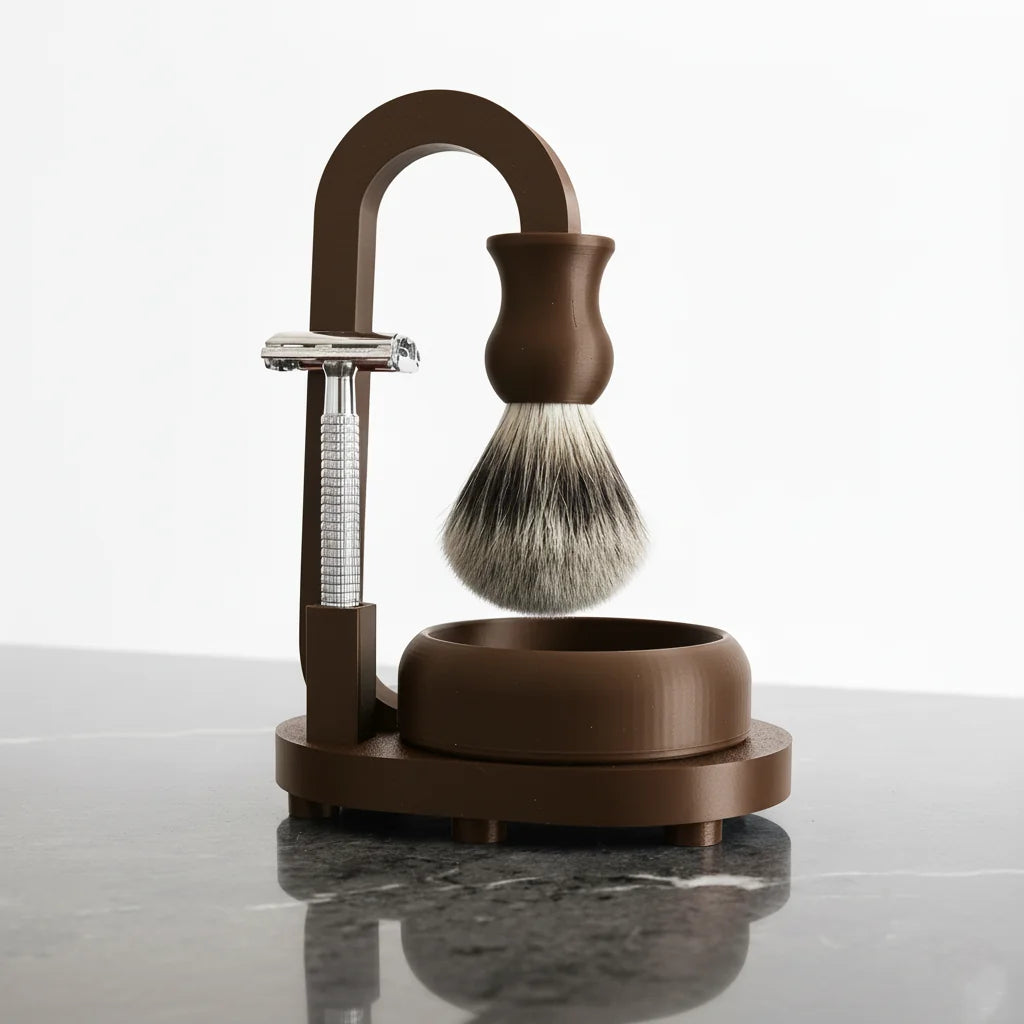 Brown shaving brush and razor stand with a silver safety razor and a black and white badger hair brush.