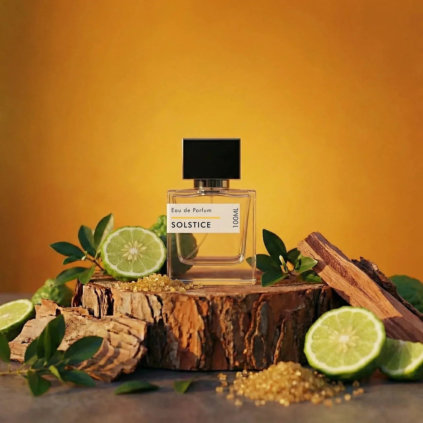 Solstice Eau de Parfum 100ml in clear glass bottle with black cap, displayed with lime slices and sandalwood