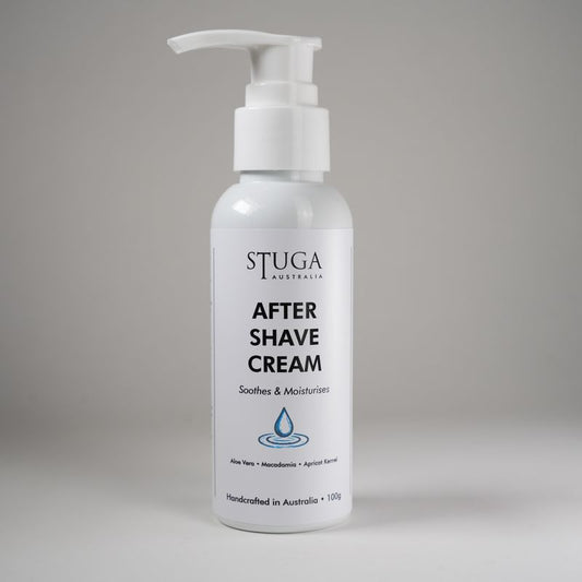 Stuga Australia after shave cream in white pump bottle with aloe vera, macadamia, and apricot kernel for soothing and moistur