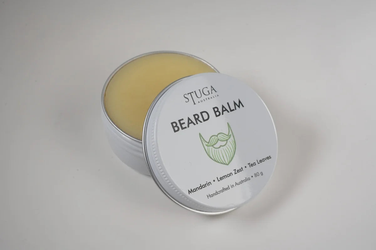 Stuga Australia beard balm in metal tin with mandarin, lemon zest, and tea leaves scent, handcrafted 80g