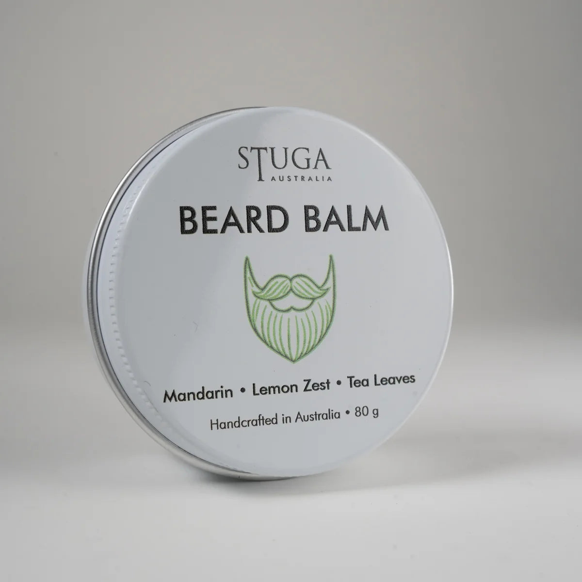 Stuga Australia beard balm in 80g tin with mandarin, lemon zest, and tea leaves scent for beard care