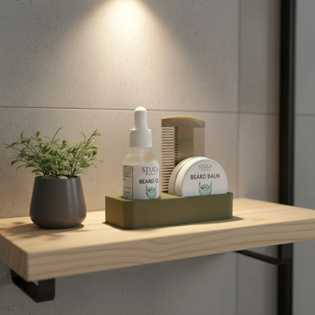 Stuga beard grooming kit with beard oil, beard balm, and wooden comb on a light wood shelf.