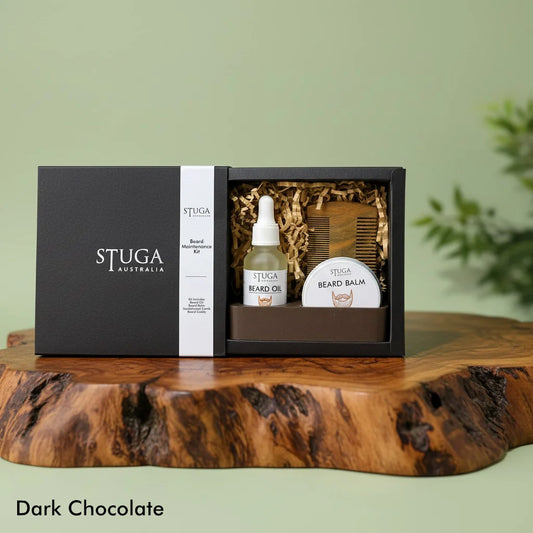 Stuga Australia beard maintenance kit with beard oil, balm, and wooden comb in a black gift box.