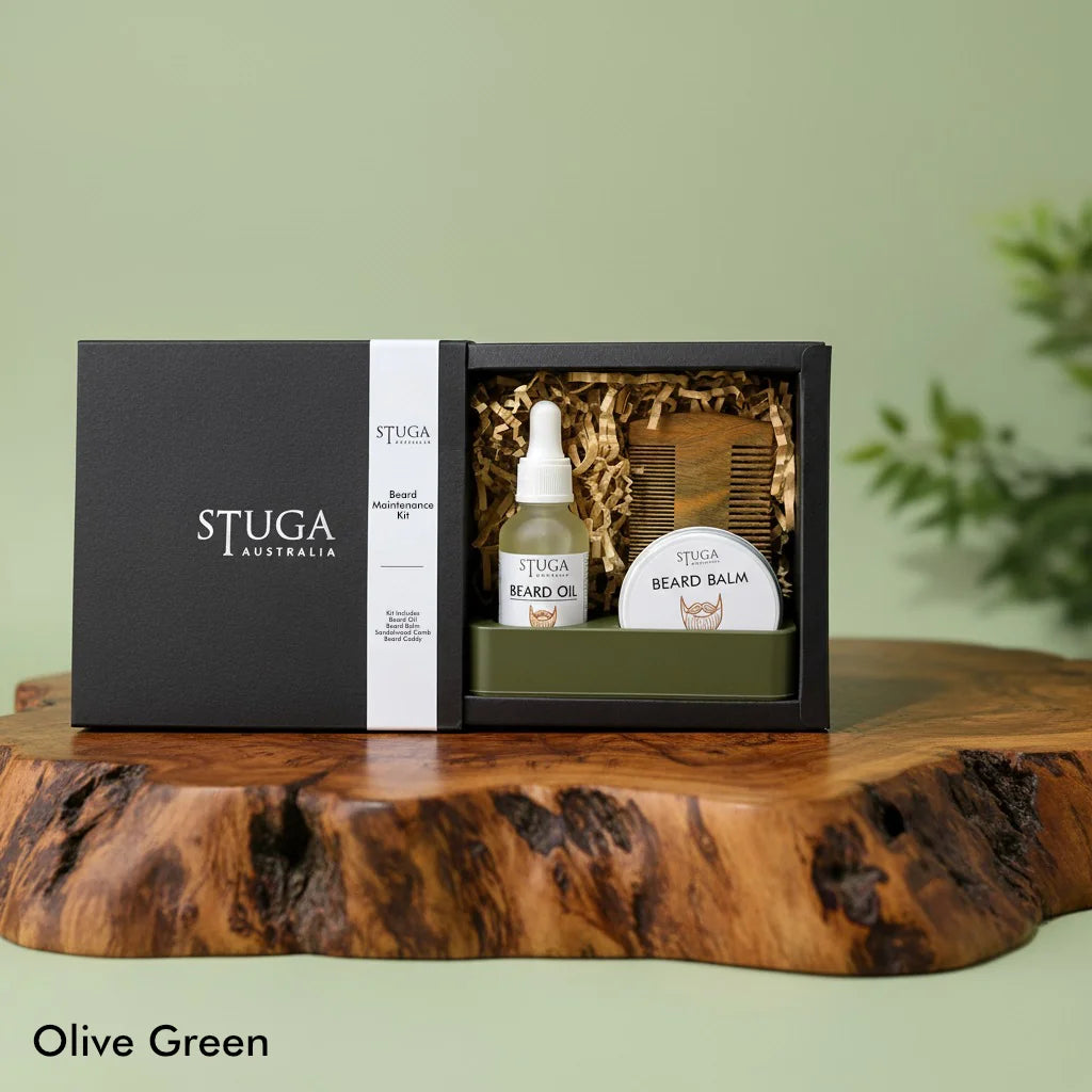 Stuga Australia beard maintenance kit with beard oil, beard balm, and wooden comb in a black gift box.