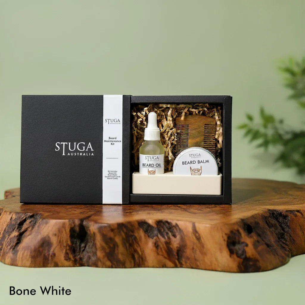 Stuga Australia Beard Maintenance Kit with beard oil, beard balm, and wooden comb in a black gift box.