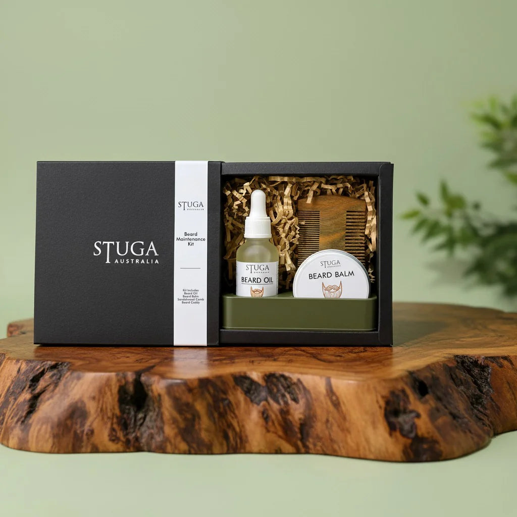 Stuga Australia Beard Maintenance Kit with beard oil, beard balm, and wooden comb in a black gift box.