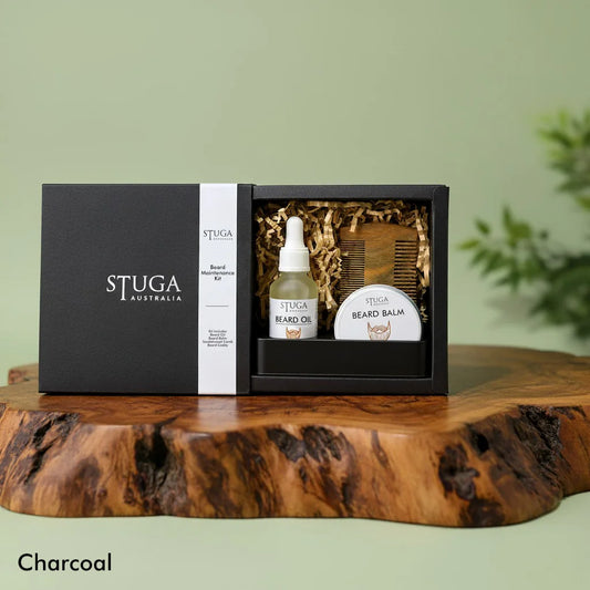 Stuga Australia Beard Maintenance Kit with beard oil, beard balm, and wooden comb in a black gift box.