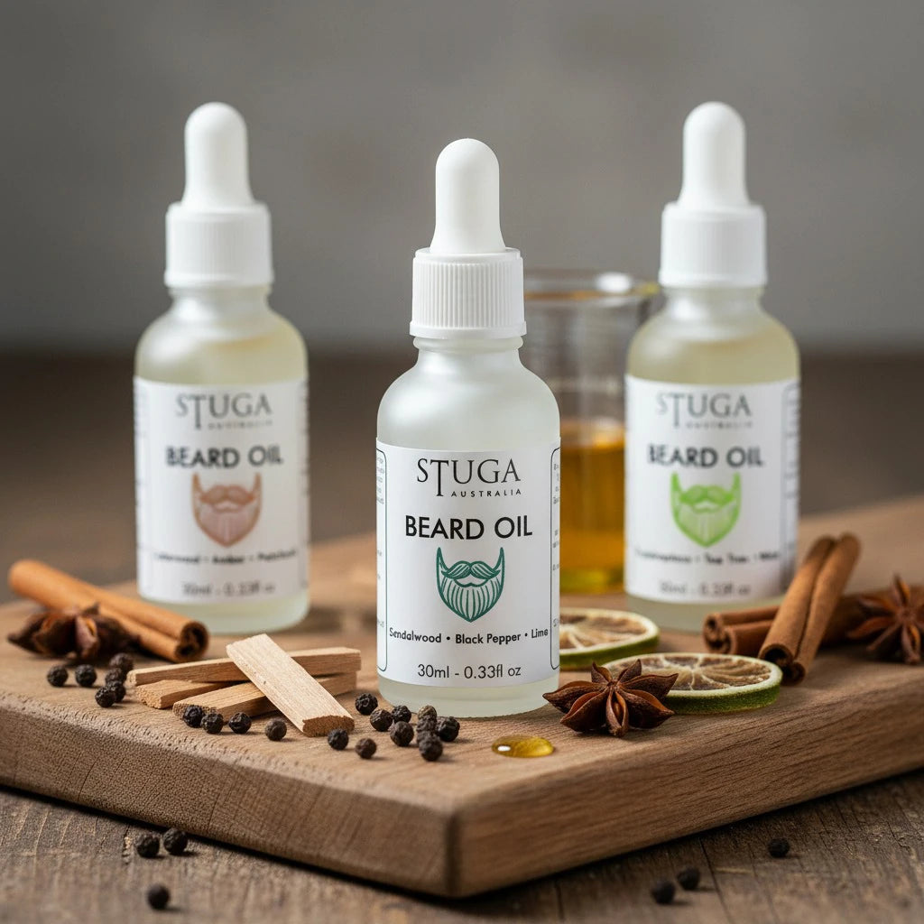 Three bottles of Stuga Australia beard oil in sandalwood, black pepper, and lime scents on a wooden board with spices.