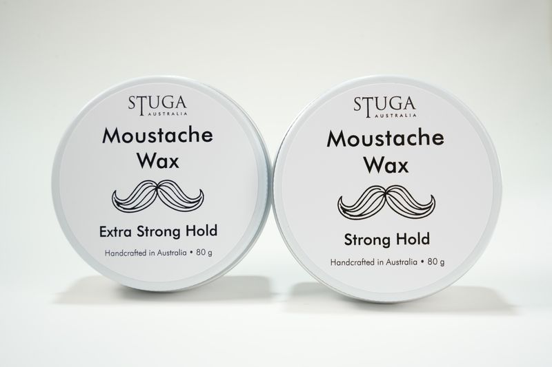 Two tins of Stuga Australia moustache wax with extra strong hold and strong hold, handcrafted, 80 grams each