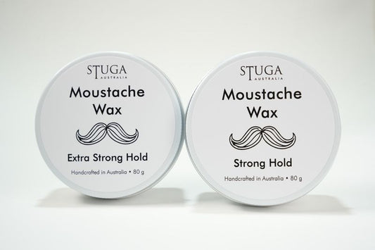 Two tins of Stuga Australia moustache wax with extra strong hold and strong hold, handcrafted, 80 grams each
