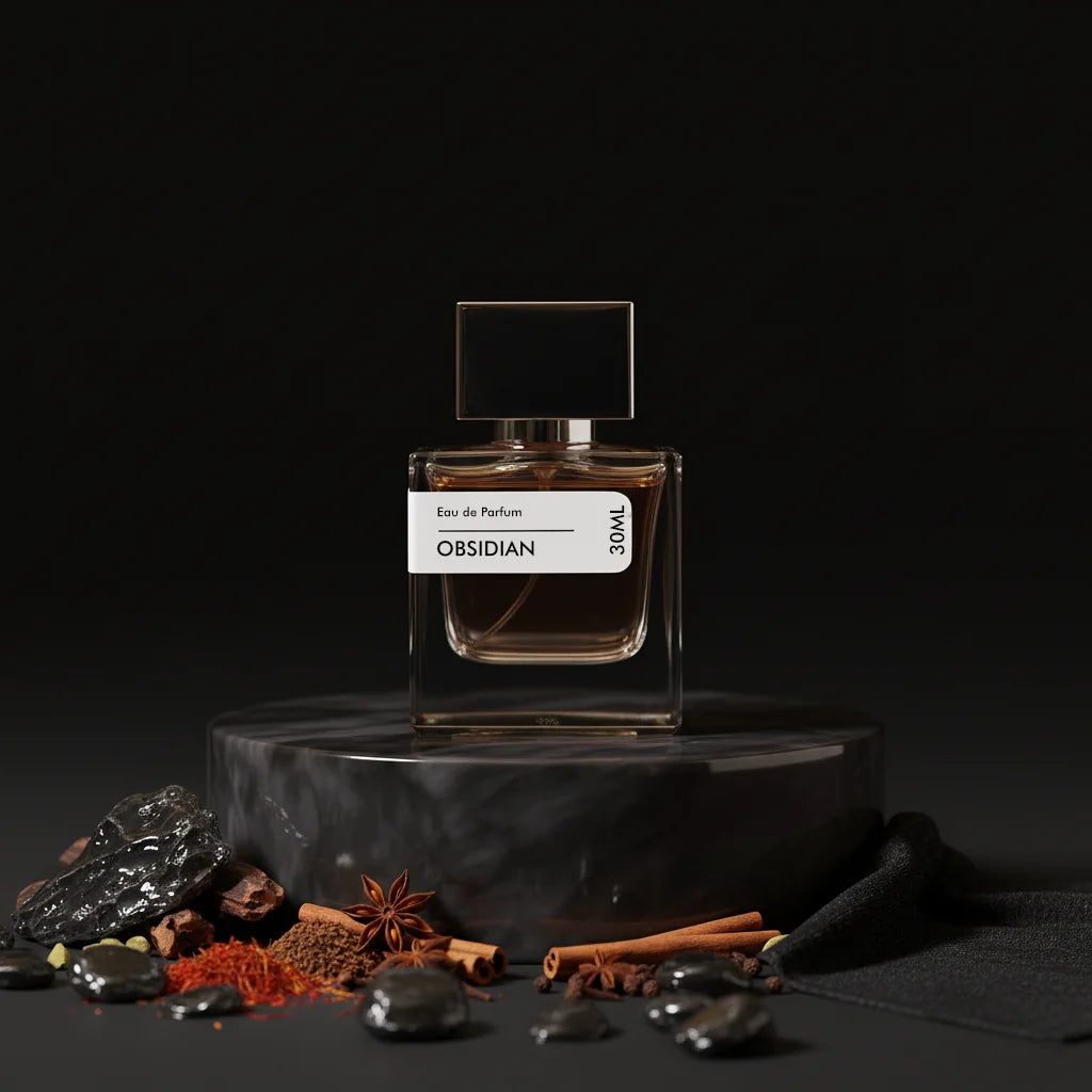 Stuga Obsidian Eau de Parfum 30ml bottle on a dark marble stand, surrounded by spices and dark stones.