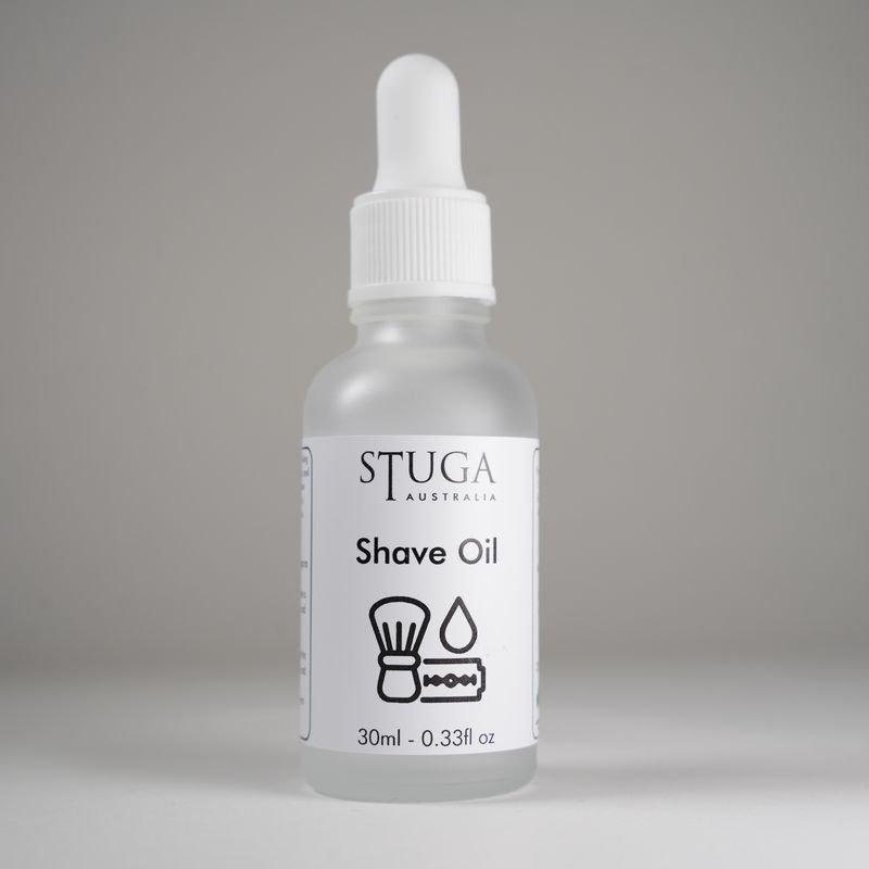 30ml frosted glass bottle of Stuga Australia shave oil with white dropper cap for smooth shaving