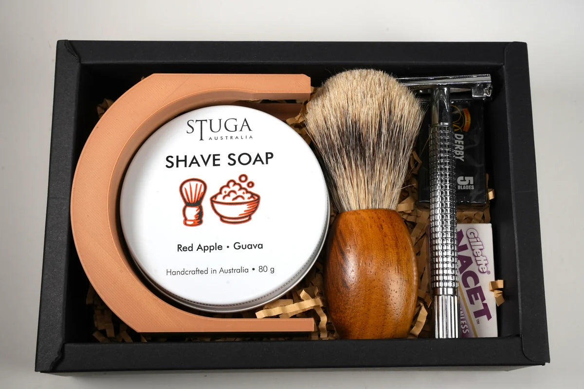 Stuga Australia shave soap gift set with red apple guava scent, wooden handle shaving brush, metal safety razor, and razor bl