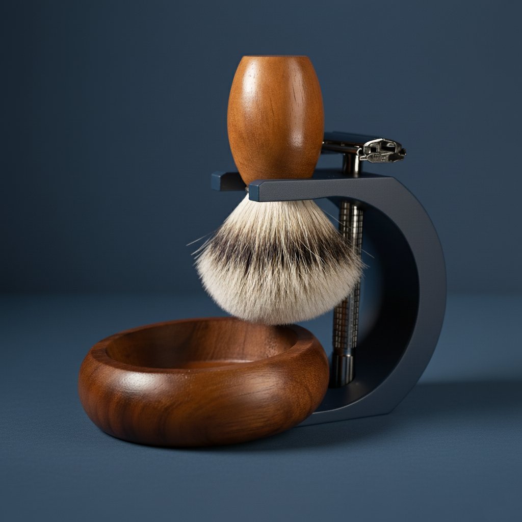 Stuga complete shaving kit with wooden handle brush, wooden bowl, and razor on a navy blue stand.