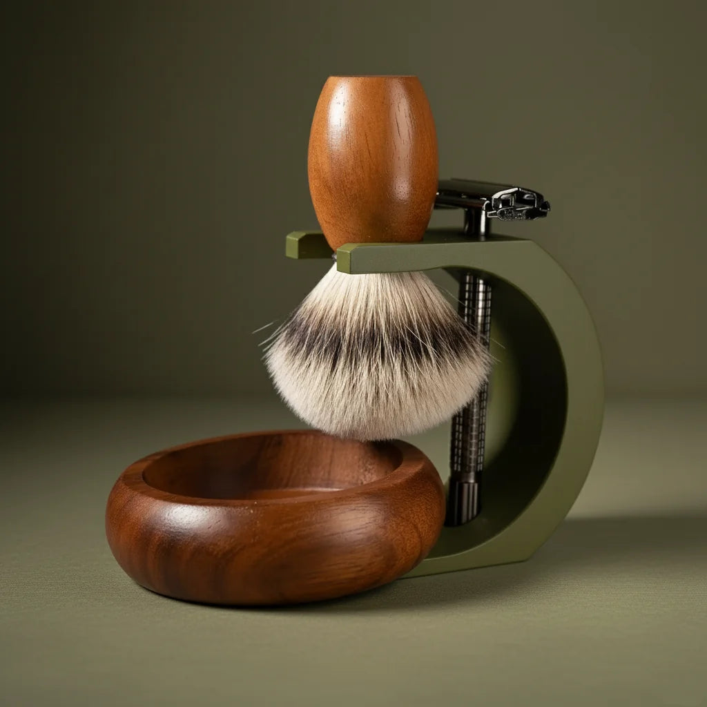 Stuga complete shaving kit with wooden handle razor, badger brush, wooden bowl, and green stand.